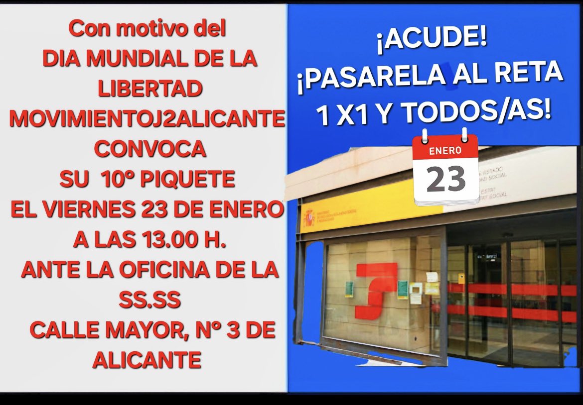 📢 CONCENTRACIÓN EN ALICANTE
📅 Viernes 23 de enero
🕐 13:00 h
📍 SS.SS – C/ Mayor nº3
⏳ No más esperas. Es urgente.
#LEGISLENYA
#PASrelaAlRetaparaTodos1x1