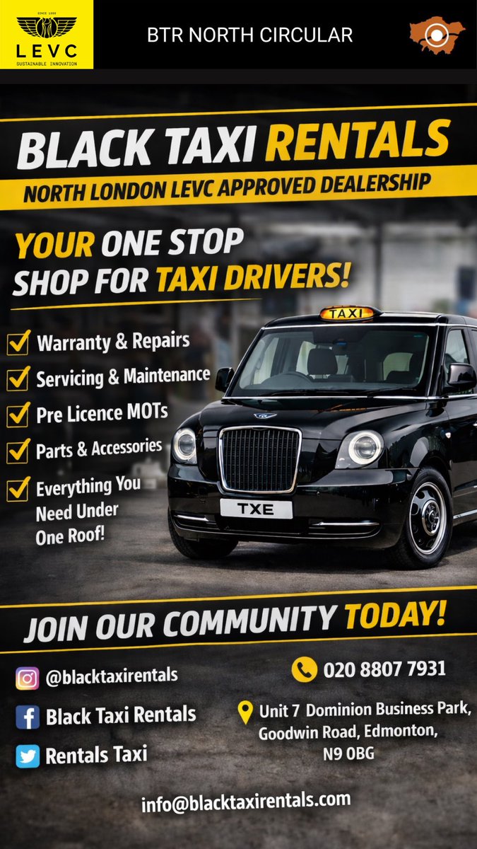 🚕BTR NORTH CIRCULAR LEVC
Aftersales Dealership🚕

@BTR NORTH CIRCULAR LEVC, we’re proud to be your COMPLETE one-stop shop for a taxi drivers needs.
Our expert team understands BLACK TAXIS inside and out, helping keep you on the road and earning.

✅LEVC Approved Warranty Work