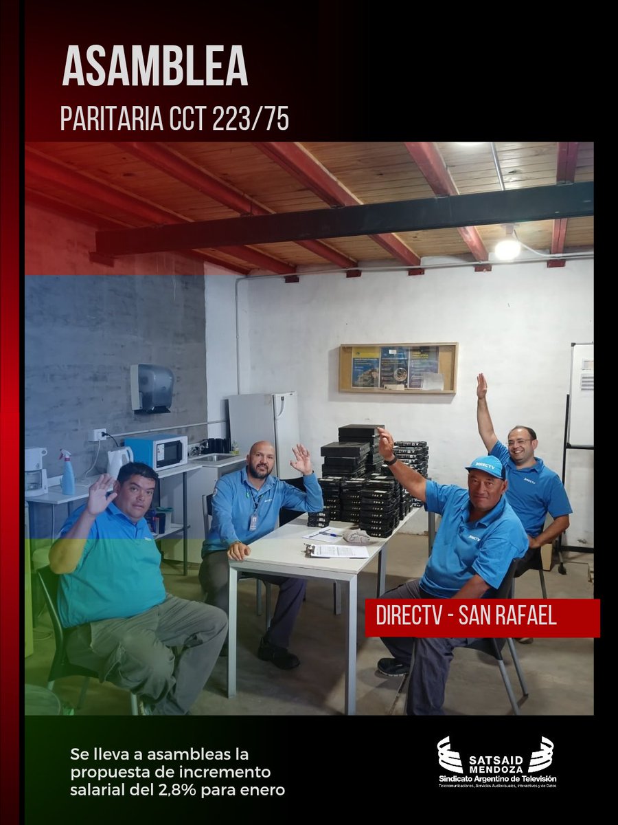 SATSAID_MENDOZA's tweet photo. 🇬🇲 ASAMBLEAS 🇬🇲
Continúan las asambleas para poner en consideración de las y los trabajadores la propuesta de incremento salarial del 2,8% para enero. Compañeros de DIRECTV, San Rafael, hicieron su votación.
#satsaid #satdaidenlucha #paritarias #atvc #satsaidmendoza https://t.co/hHrLVuDEiJ