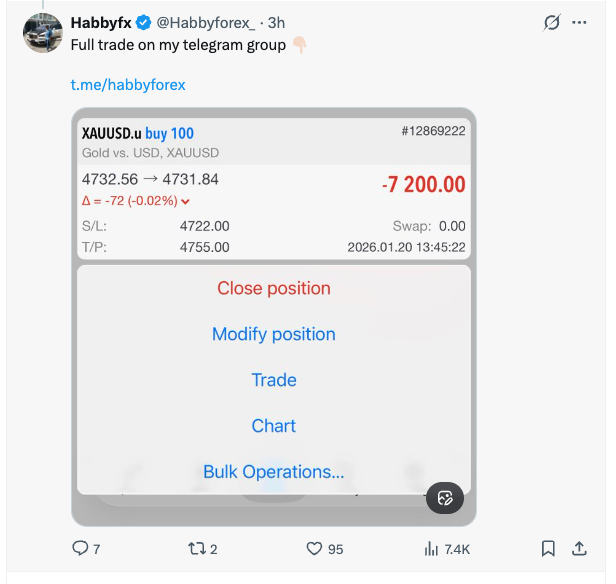 iOccupyNigeria's tweet photo. Oga, you be scammer, and @officialEFCC him dey run racker before your very eye, and una just dey keep quiet. 

Make I talk am with receipts, based on his own screenshots.

Number one. Make we start with your own loss screenshot, because this one expose everything.

You show XAUUSD buy 100 and the price move from 4732.56 to 4731.84.
That na just $0.72 move.

Yet the loss show -7,200 dollars.

Receipt.
100 lots of gold = 10,000 ounces.
$0.72 × 10,000 = $7,200.

So yes, the math confirm say the lot size you dey show na 100 lots.

Now here is where the scam show clearly.

To hold 100 lots of XAUUSD, you dey control about $47 million notional exposure. 

Gold dey around $4,700 per ounce.
10,000 ounces × $4,700 = $47,000,000.

And make we spell that receipt out clear.

Even with crazy 1:100 leverage, you still need about $470,000 real cash just to open 100 lots of XAUUSD.
Now ask the real question Nigerians suppose dey ask.

Which retail broker go allow one individual, wey no be institution, no audited balance sheet, no prime brokerage relationship, to hold this kind size on gold, especially on M1 timeframe?

Gold na one of the most volatile instruments.
Retail brokers cap size, widen spread, apply slippage, or reject orders completely.
Institutions route this kind size through prime brokers, not MT screenshots.

So when you see
100 lots,
tight spread,
M1 chart,
no slippage,
no execution delay, know say na demo server or internalized fake liquidity.

Real market no dey behave like that.

Number two. Demo execution behavior.
Your MT screenshot show 100 lots on M1 with
tight spread,
zero slippage,
clean fill,
tight stop,
and no spread sweep.

Anybody wey don trade live gold know say this no dey happen. Live XAUUSD spreads widen violently. Small wick alone fit margin call that size. That clean behavior na demo server physics.

Number three. Hindsight TradingView drawings.
Your “XAUUSD long” TradingView posts come after price don already rally. Green and red box na drawn after the move. TradingView no be execution. Chart alone no prove trade. That na analysis at best, not proof.

Number four. Time mismatch receipts.
Your TradingView screenshots show one timestamp. Your MT screenshots show different device time and different intraday structure. No evidence say na the same trade. Anybody fit recreate similar chart later.

Number five. Your math no balance.
Entry prices, exit prices, and profit figures across your screenshots no reconcile cleanly with the price move shown. On 100 lots, even $1 inconsistency na $10,000. Your own numbers dey contradict each other.

Number six. No real money proof.
No broker name.
No server name.
No account number.
No full trade history tab.
No withdrawal receipt.
Just floating profit screenshots. Floating profit no be money.

I dey talk this because Nigerians dey fall for this nonsense. Big numbers, gold trades, ego tweets, and demo accounts don ruin too many people.

Anybody wey truly understands margin, leverage, liquidity, and execution know say this na bullshit.

If money never hit bank account with receipt, na demo and na deception. notional exposure.
Even with reckless 1:100 leverage, you still need about $470,000 real cash to open that trade. Most retail brokers no even allow this size on gold, especially on M1. This alone already tell any serious trader say something no pure.

Number two. Demo execution behavior.
Your MT screenshot show 100 lots on M1 with
tight spread,
zero slippage,
clean fill,
tight stop,
and no spread sweep.
Anybody wey don trade live gold know say this no dey happen. Live XAUUSD spreads widen violently. Small wick alone fit margin call that size. That clean behavior na demo server physics.

Number three. Hindsight TradingView drawings.
Your “XAUUSD long” TradingView posts come after price don already rally. Green and red box na drawn after the move. TradingView no be execution. Chart alone no prove trade. That na analysis at best, not proof.

Number four. Time mismatch receipts.
Your TradingView screenshots show one timestamp. Your MT screenshots show different device time and different intraday structure. No evidence say na the same trade. Anybody fit recreate similar chart later.

Number five. Your math no balance.
Entry prices, exit prices, and profit figures across your screenshots no reconcile cleanly with the price move shown. On 100 lots, even $1 inconsistency na $10,000. Your own numbers dey contradict each other.

Number six. No real money proof.
No broker name.
No server name.
No account number.
No full trade history tab.
No withdrawal receipt.
Just floating profit screenshots. Floating profit no be money.

I dey talk this because Nigerians dey fall for this nonsense. Big numbers, gold trades, ego tweets, and demo accounts don ruin too many people.

Anybody wey truly understands margin, leverage, liquidity, and execution know say this na bullshit.

If money never hit bank account with receipt, na demo and na deception. 

From everything wey you dey post, experience tell me say you be scammer, and you dey use FX screenshots take wash money wey you don already collect from other scams. Na old playbook.

Anybody wey truly sabi markets know say the FX part na just cover story.

If person wey really understand accounting, compliance, and trade execution get access to your books, e no go take long at all to prove wetin I dey talk. @officialEFCC suppose do that one, but na sleep dem dey sleep.

Because real trading leave trail.
Broker records.
Server logs.
Liquidity providers.
Withdrawals.
Tax footprints.

Screenshots fit lie.
Charts fit lie.
Numbers on phone fit lie.

Books no dey lie.