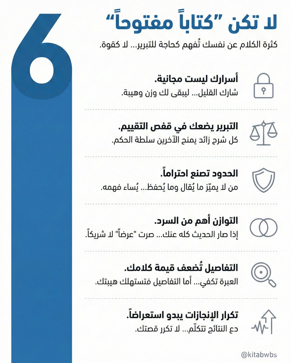 kitabwbs's tweet photo. لا تشرح نفسك كثير… 
ترى الناس ما تحترم "الكتاب المفتوح"

كل تفصيلة زيادة = مساحة أقل لهيبتك.

قاعدة اليوم:
شارك العبرة… واحفظ التفاصيل. https://t.co/fPCknqz9QD