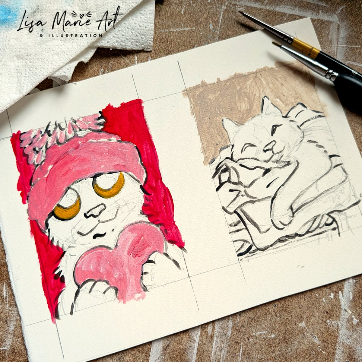 WIP sneak peek! 🎨💕

Racing to finish these Valentine-y ACEOs. A loving tuxedo cat in a pink bobble hat holding a knitted heart, and a ginger kitty napping on a love-themed laundry pile . They'll be on ebay soon.

#ACEO #CatArt #ValentinesArt #MiniatureArt #CatsOfTwitter