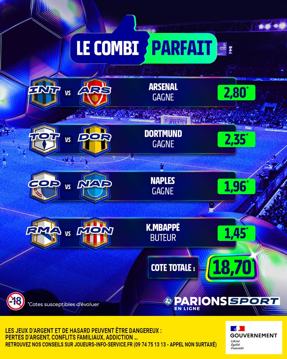 Votre #CombiParfait pour cette soirée LDC ! 🚀

🔥 Ça fait 3/4 ? 👉 5x20€ de freebets
💥 Ça fait 4/4 ? 👉 10x20€ de freebets

Pour jouer :
🤝 RT + Follow

🗓️ TAS le 21/01
📃 Règlement : bit.ly/45Ljuky