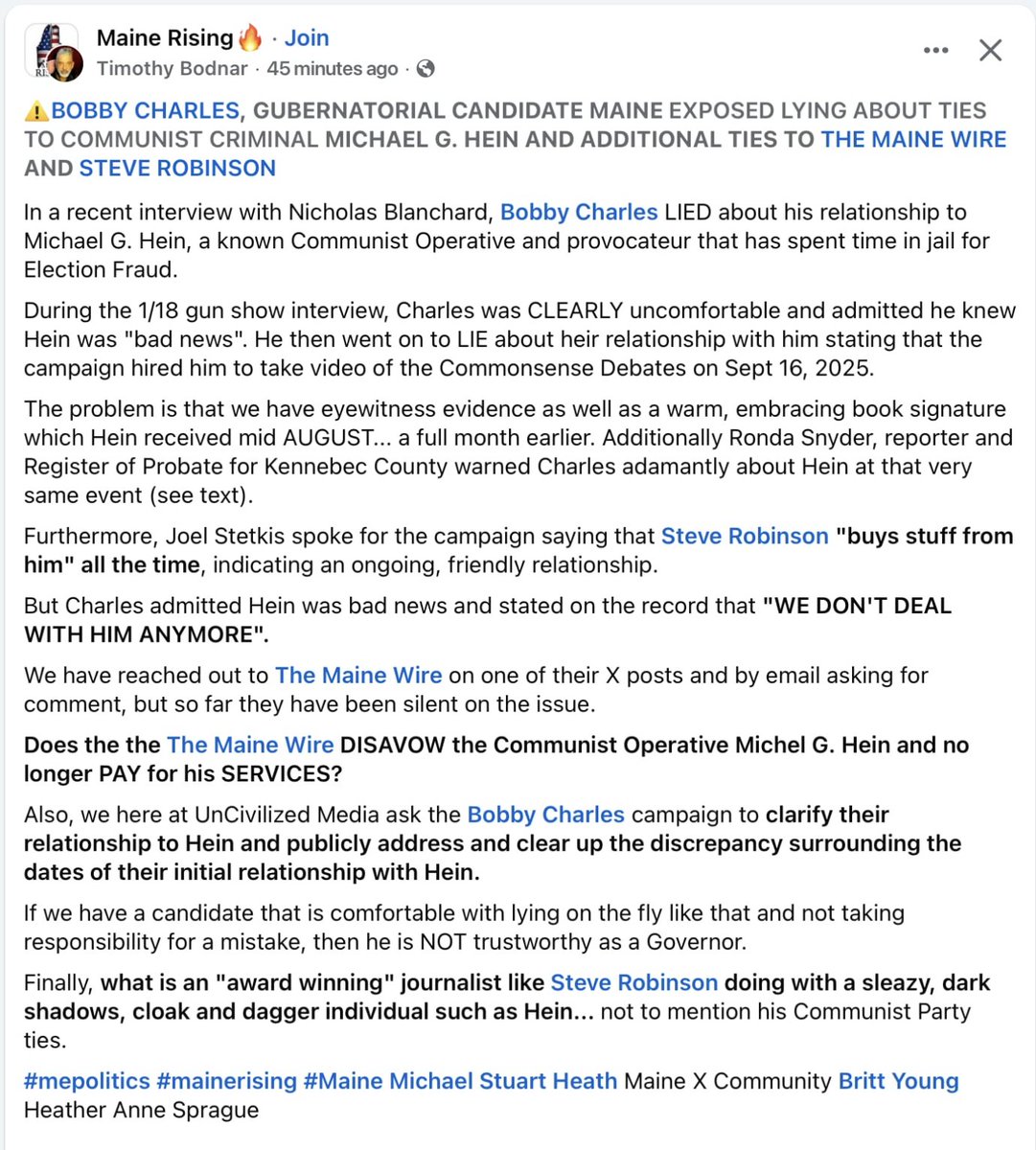 aobrien2010's tweet photo. Maine MAGA influencers Tim Bodnar &amp; Nick "Corn Pop" Blanchard are attacking Maine GOP gubernatorial frontrunner Bobby Charles &amp; his booster Steve Robinson for their ties to Mike Hein. #MAGACivilWar https://t.co/9D5dPgoNLa