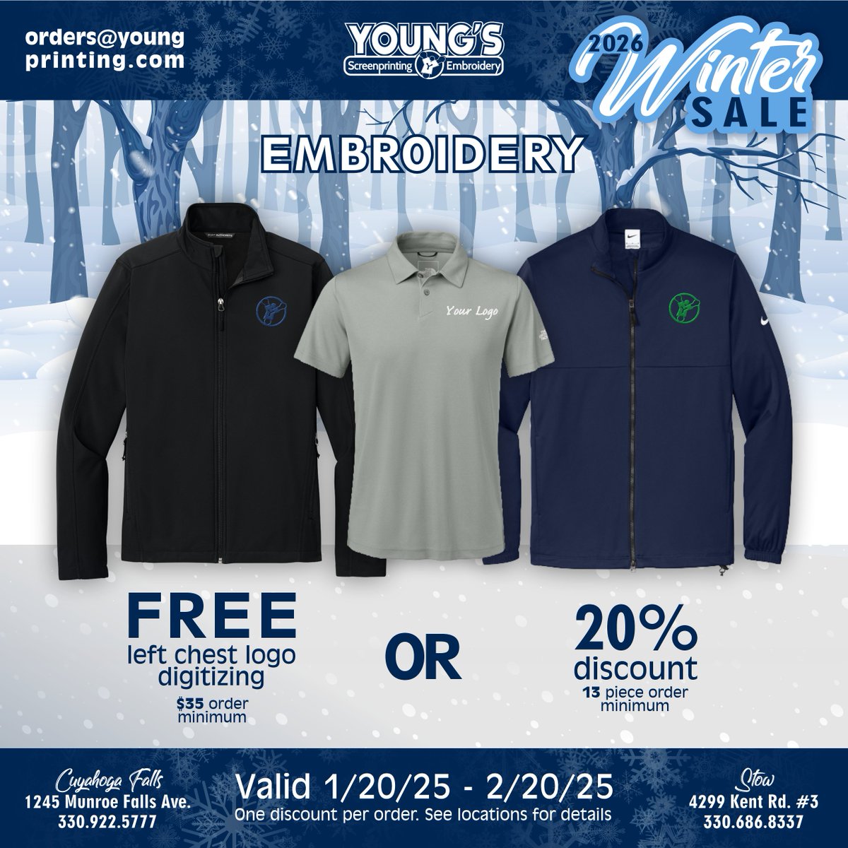 It's that time of year again for our Winter special!
Break up the winter doldrums with new merch for your business, group or organization. 
Order now through Feb. 20th for big savings on screen printed and embroidered apparel.