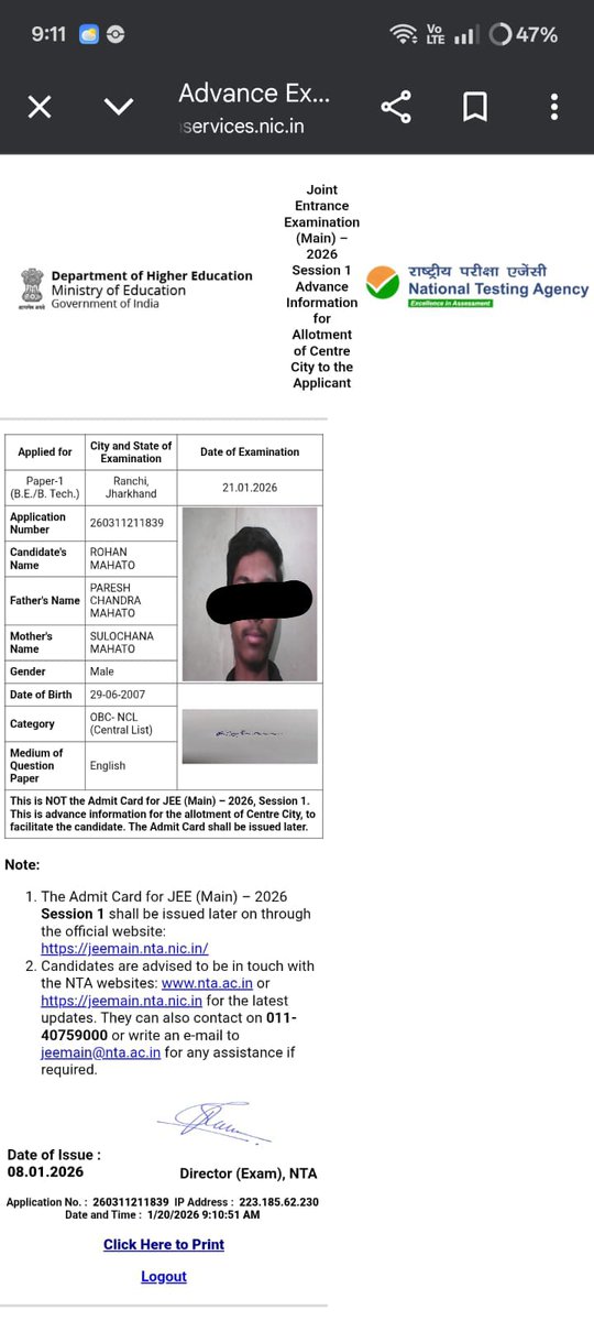 eyesofnishh's tweet image. Dear @NTA_Exams,
I have been trying to download my JEE Main 2026 Session 1 admit card, but it has not been available on the website for the last 4 days. This delay is causing a lot of stress to me. Please resolve this issue urgently.pass=@Rohan292007
#JEEMain2026 #AdmitCardIssue