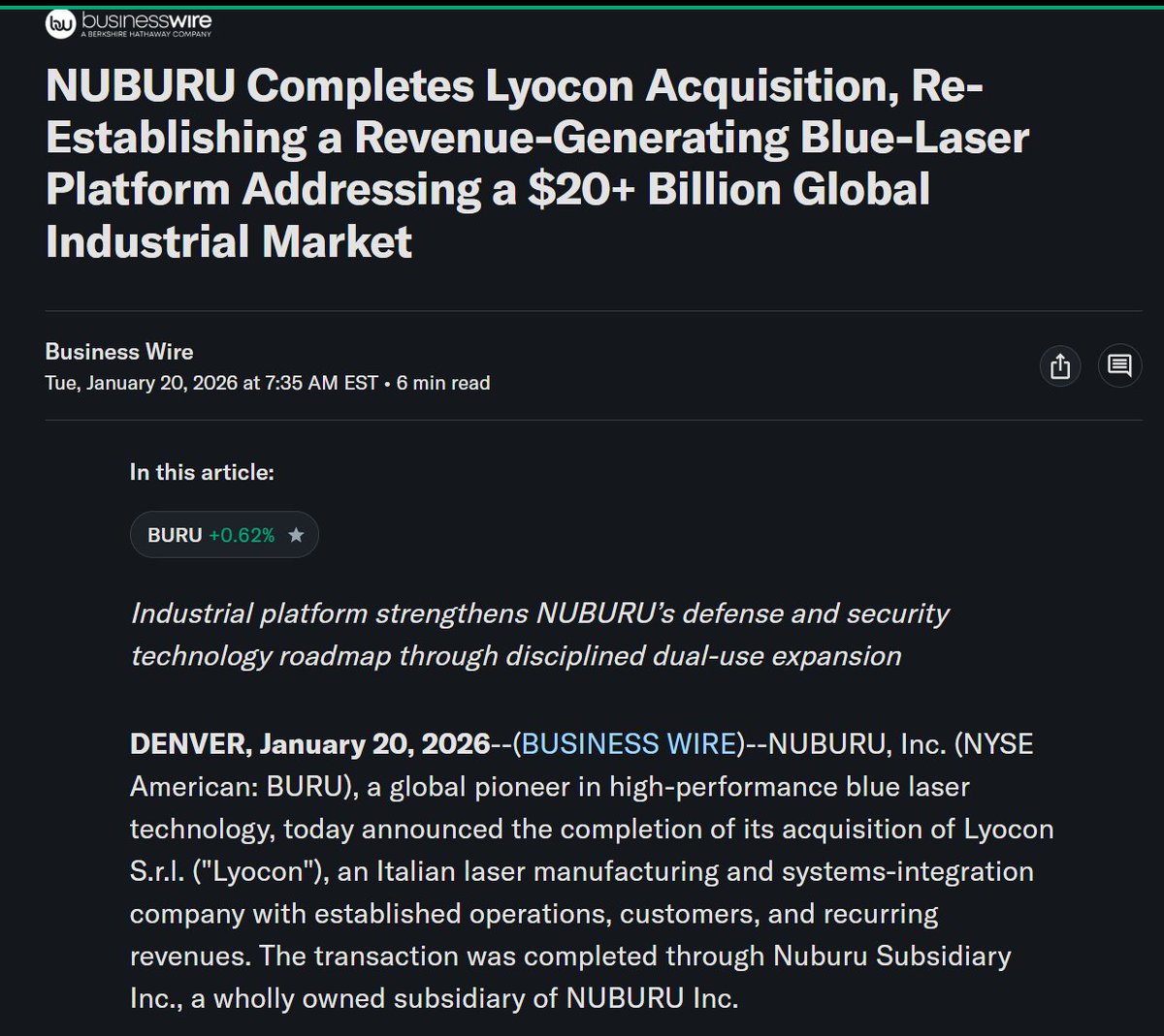 CrusaderStocks's tweet image. $BURU NUBURU Completes Lyocon Acquisition, Re-Establishing a Revenue-Generating Blue-Laser Platform Addressing a $20+ Billion Global Industrial Market finance.yahoo.com/news/nuburu-co… @nuburulasers @NYSE
