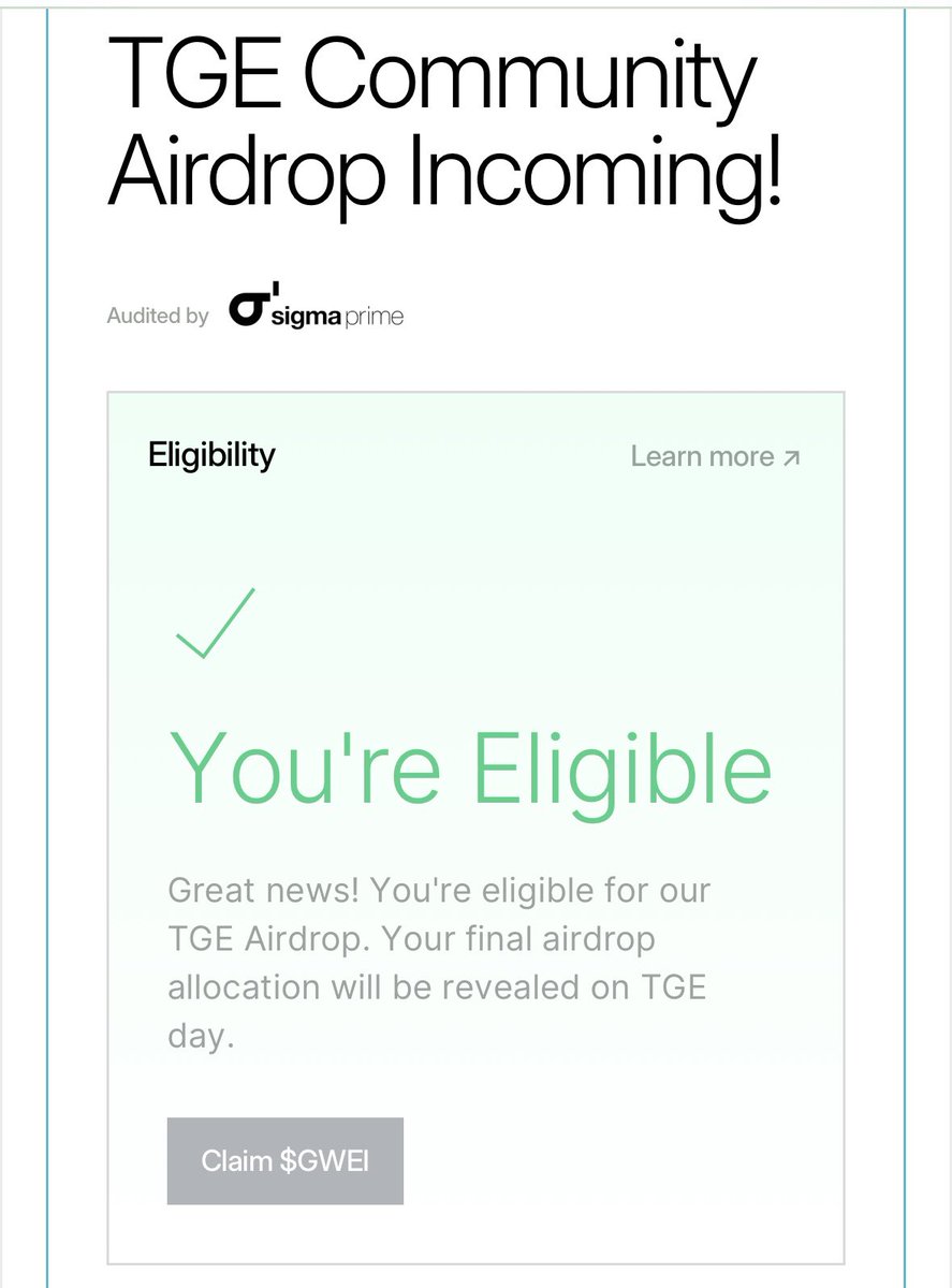 สิ้นสุดการรอคอยกับ <a href="/ETHGasOfficial/">ETHGAS</a> 🪂

check : ethgasfoundation.org/token/

ตอนนี้เปิดให้ check eligible นะครับ claim $GWEI วันพรุ่งนี้ตอน 20.00 (เวลาไทย) 

good luck friends ✌🏻