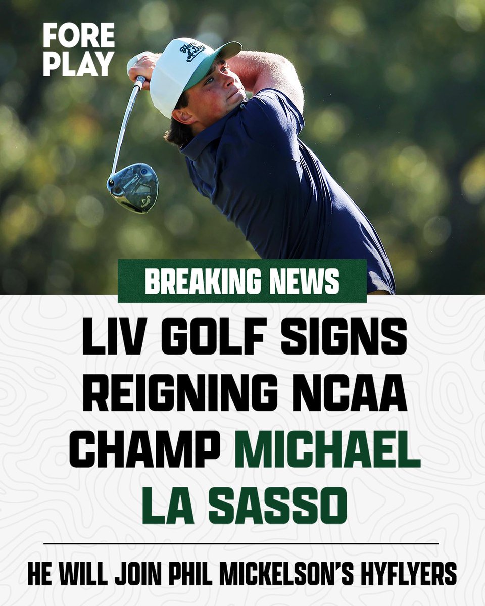 ForePlayPod's tweet photo. LIV’s newest addition: current NCAA Champion Michael La Sasso.

He will be turning pro to go to LIV, and therefore have to FORFEIT his spot in the Masters this year 🤯 https://t.co/ClC8gTN9eI