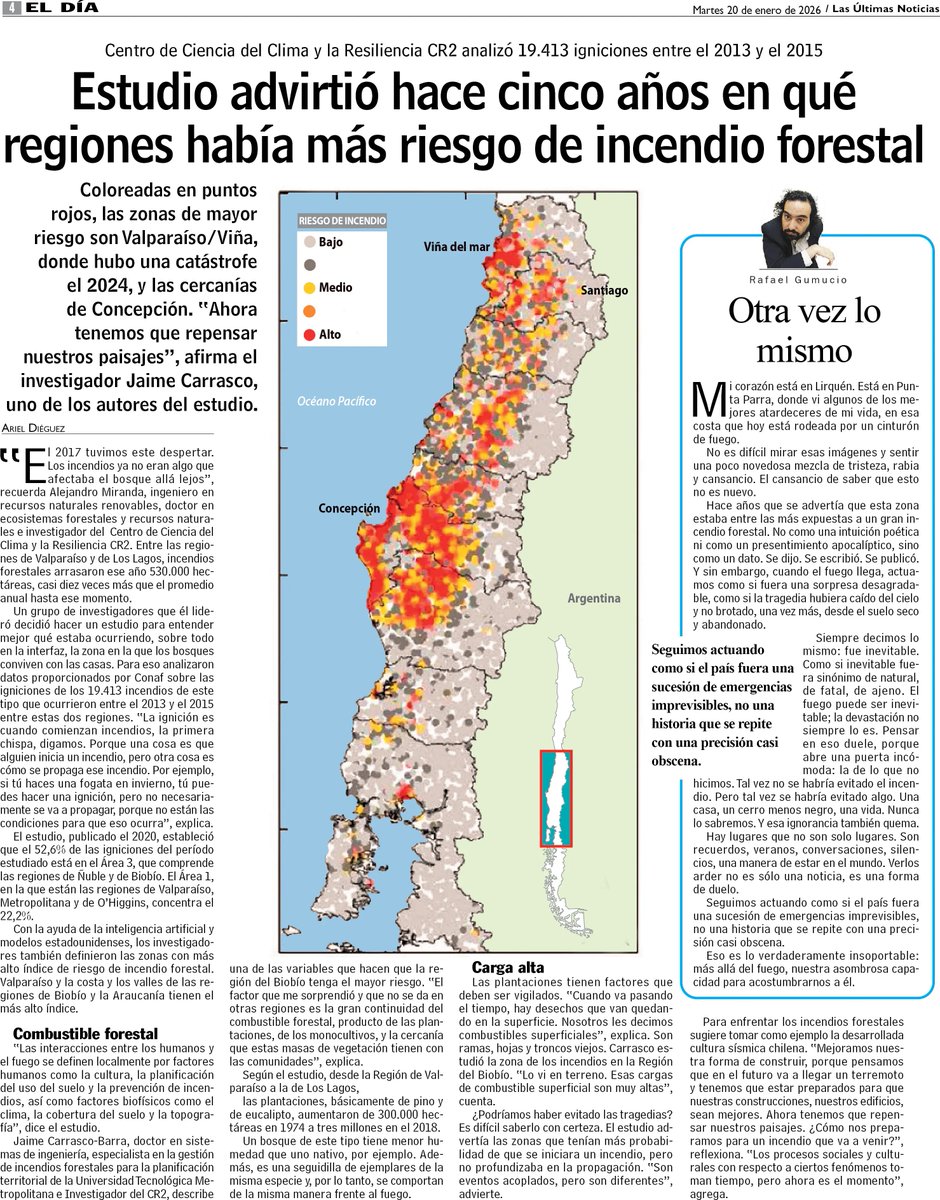 uchile's tweet image. [UCHILE en la Prensa] Investigación del @CR2_uchile advirtió hace cinco años en qué regiones había más riesgo de incendio forestal, como cita hoy @lun: estas zonas son las de Valparaíso/Viña, las cercanías de Concepción, y la Araucanía.