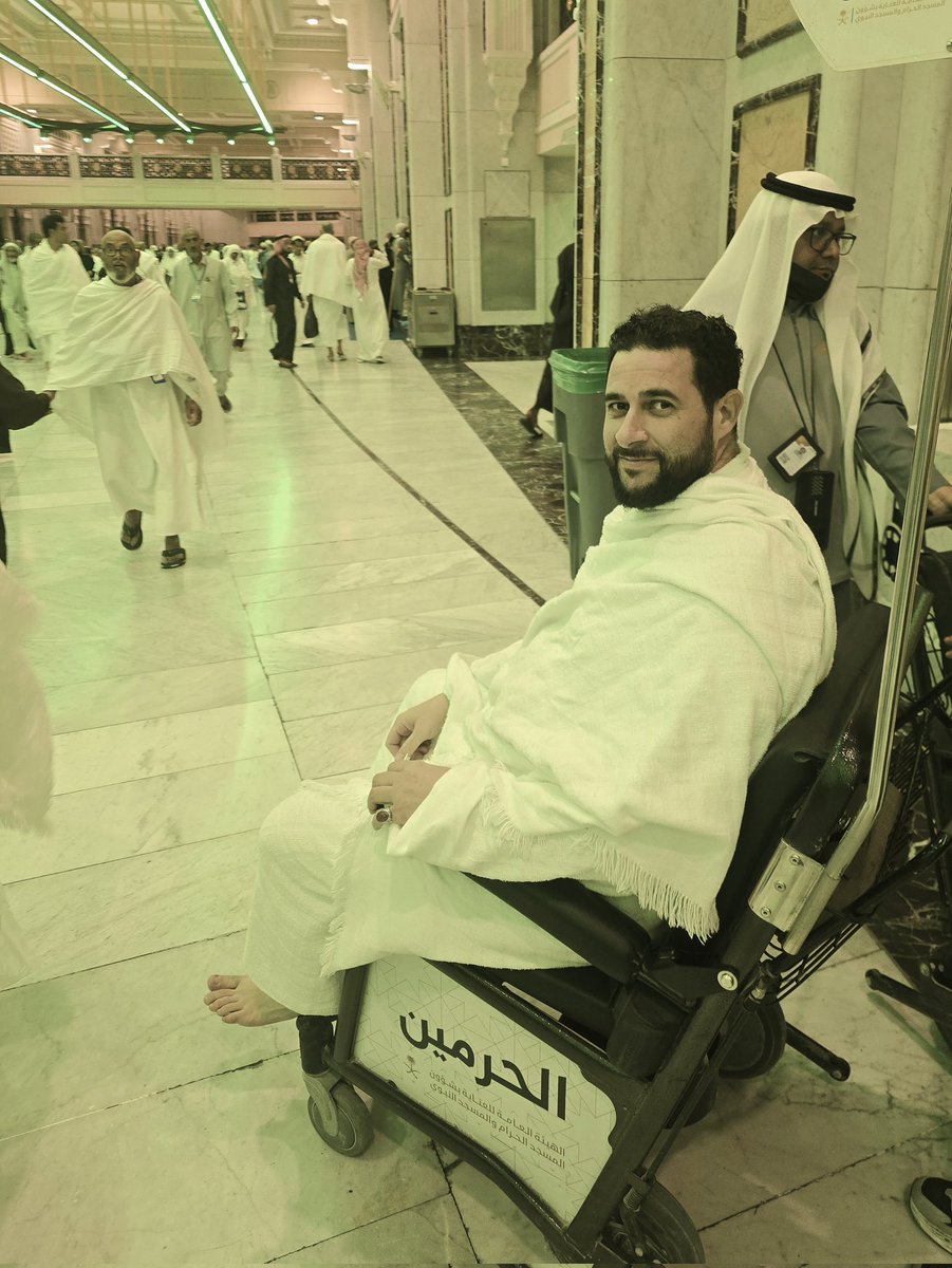 Arrived safely in Makkah, but with an injured knee from my travels in Yemen.

Performing Umrah in a wheelchair gives me the opportunity to fulfill a Sunnah. The Prophet ﷺ would perform his Tawaf and Sa'ee walking, or riding.

Prayers for everyone... especially those suffering