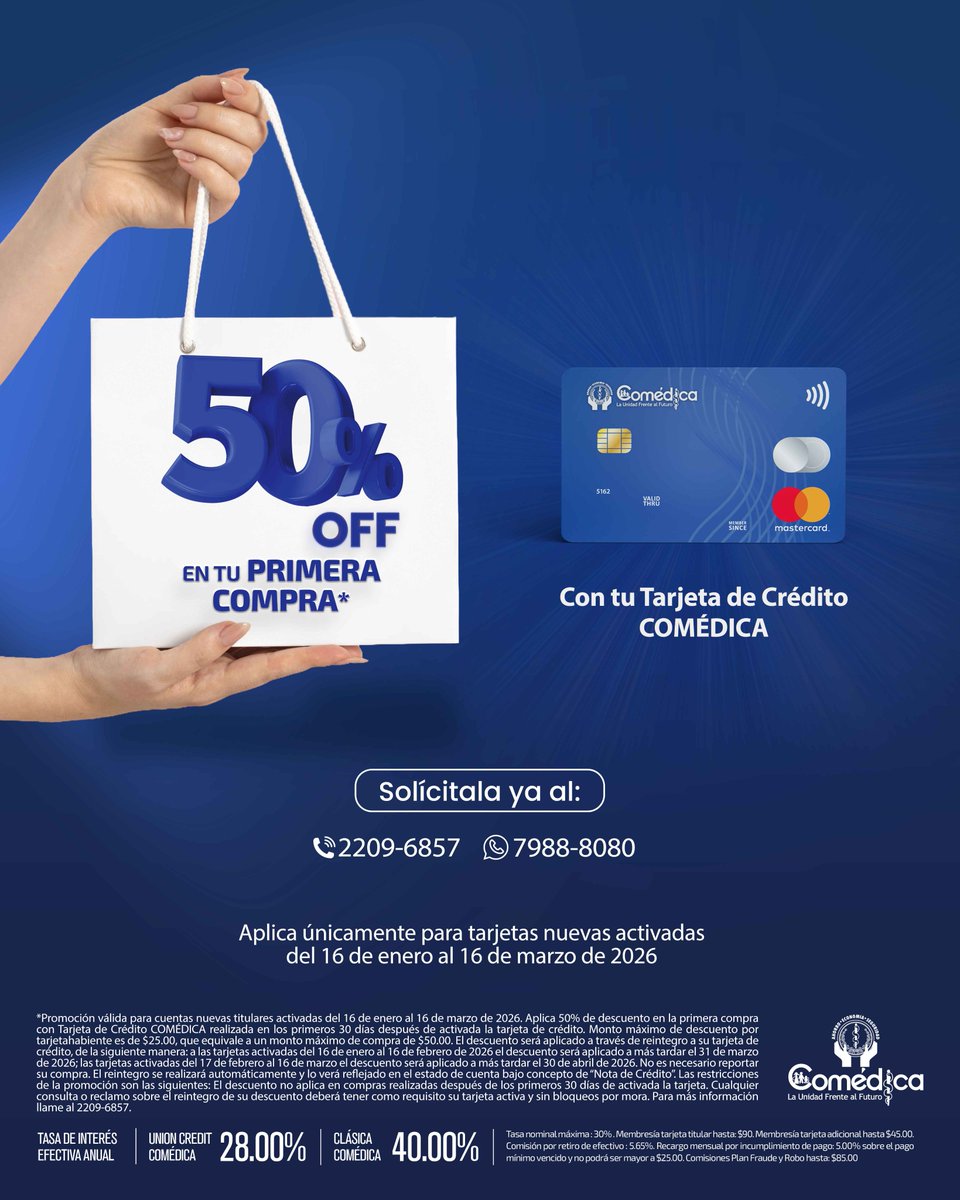 ComedicadeRL's tweet photo. ¡Tu primera compra con 50% de descuento!

Solicita YA tu Tarjeta de Crédito COMÉDICA y obtén 50% off de bienvenida. Promoción aplica solo para tarjetas nuevas activadas del 16 de enero al 16 de marzo de 2026.

Solicítala al 2209 6857 o escribe al 7988 8080.
#PromosTC #COMÉDICA https://t.co/gzjOHdmjbQ