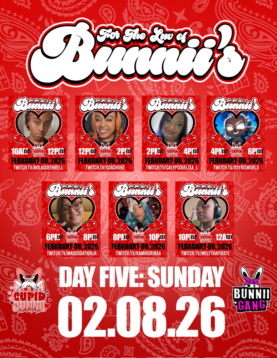 HEY GANG!!! OUR #FORTHELUVOFBUNNIIS RAID-A-THON IS APPROACHING!!! CHECKOUT OUR DAY 5 LINE-UP!!!
<a href="/NolaQueenRell/">Rell ✨</a> <a href="/CoachG90_/">CoachG</a> <a href="/calypsogelisa_l/">Gelisa LaMotta</a> <a href="/OsyrisWorld/">Osyris 😈 Half-Demon VTuber</a> <a href="/Just_Maddii/">MaddiiDatninja NW^ 🪬💯</a> <a href="/kamikorinaa/">Kami 🐻</a> <a href="/Mely_Tha_Pirate/">Big Mely✨</a> #BUNNIIGANG #HOPWITUS
