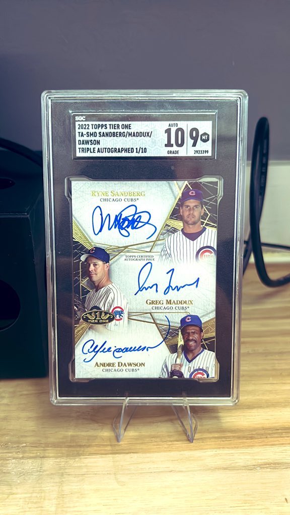 Today’s card of the day, the 2022 Topps Tier One Triple Auto Sandberg, Maddux and the Hawk. #thehobby #thehobbyfamily