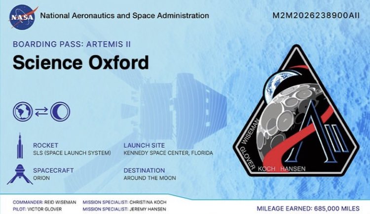 scienceoxford's tweet photo. Send your name around the Moon! Sign up for your boarding pass to join NASA’s Artemis II and send your name into space on the first crewed mission to the Moon since the Apollo era! 

You have just until 21 January to sign up  https://t.co/sknZ54CzVN https://t.co/dGp6vDEqJg