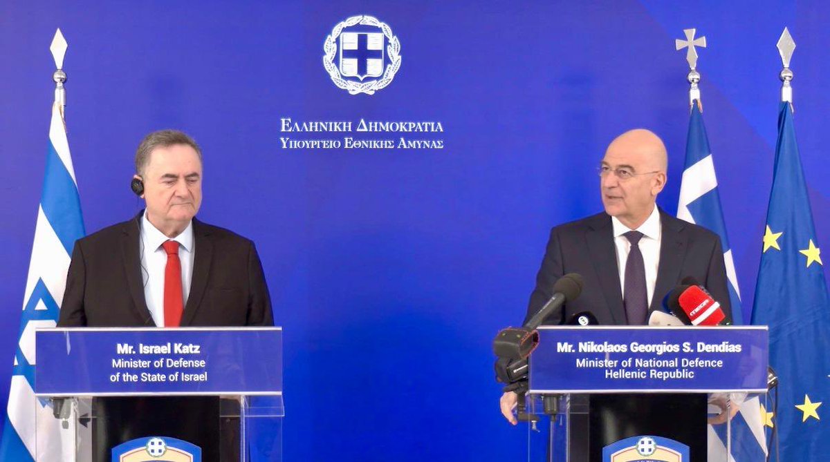 IsraelWarRoom's tweet image. ⚡🇮🇱🇬🇷Defense Minister Katz in Athens with a message to Turkey’s wannabe sultan:

“We will not allow those seeking to undermine regional stability to establish a foothold through terror, aggression, or military proxies in Syria, in Gaza, in the Aegean Sea, or in any other arena.…