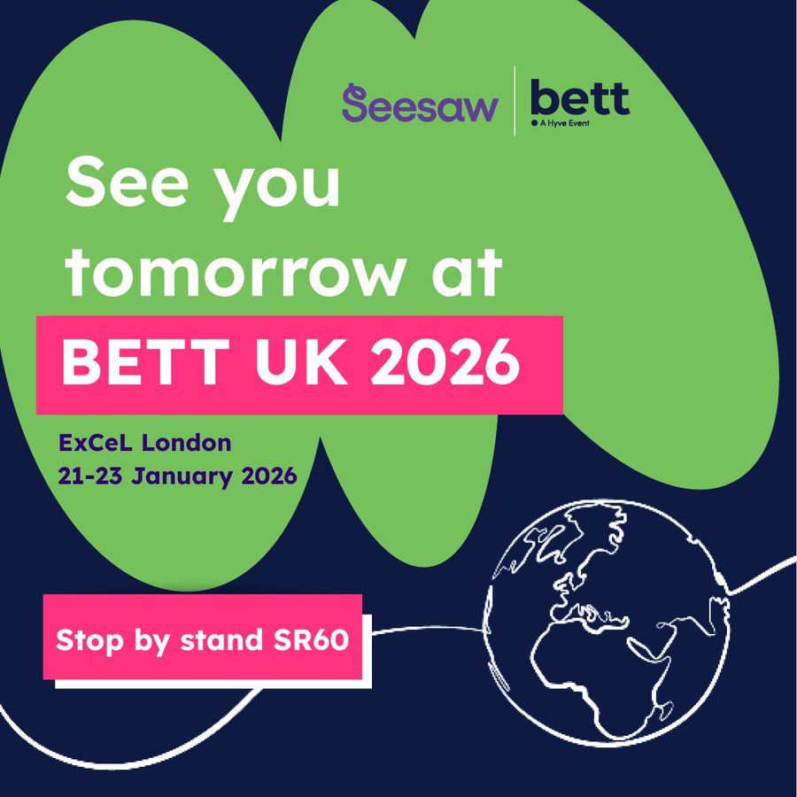 Seesaw's tweet photo. Who are we seeing at #BettUK tomorrow? 
Find Seesaw at Stand SR60 in the South Hall! 🎉 

#Bett2026 #SeesawLearning #UKEducators https://t.co/QZqO2qRU8s