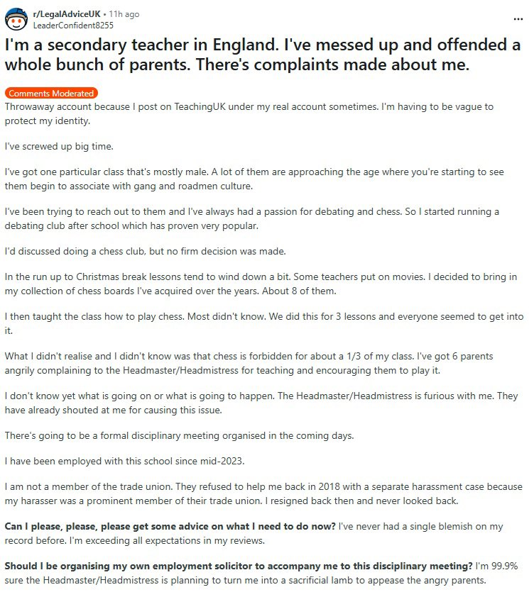 A Teacher in England faces losing their job because they organised a Chess Club

A third of his class is Muslim and Chess is Haram

This is the insanity of the UK right now
Islam has no place here