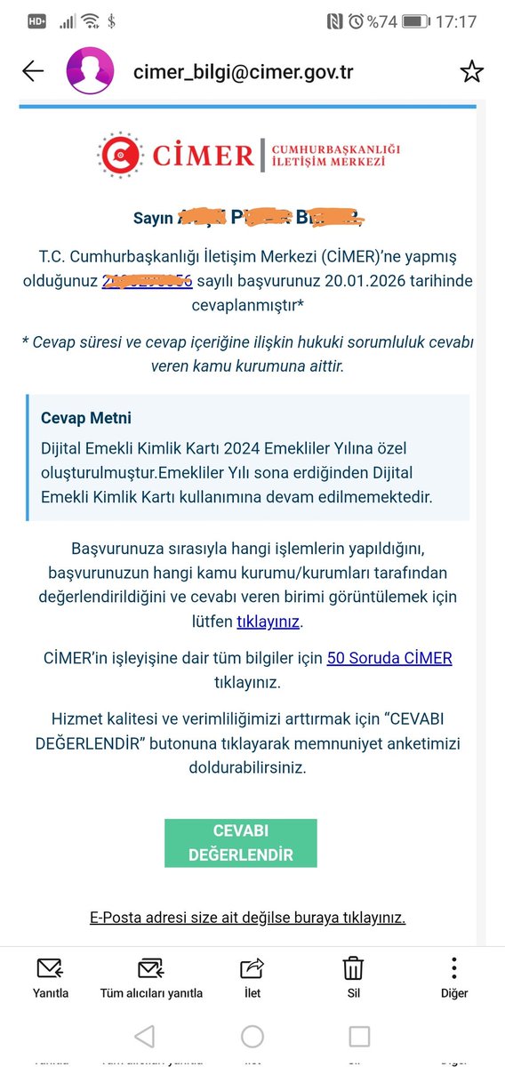 Pnr_Bnr's tweet photo. Dijital Emekli Kartı almaya çalışanların DİKKATİNE! Kart, mart yok!
Bugün Cimer'den aldığım cevap. 
#dijitalemeklikartı https://t.co/pFgpnJgio7