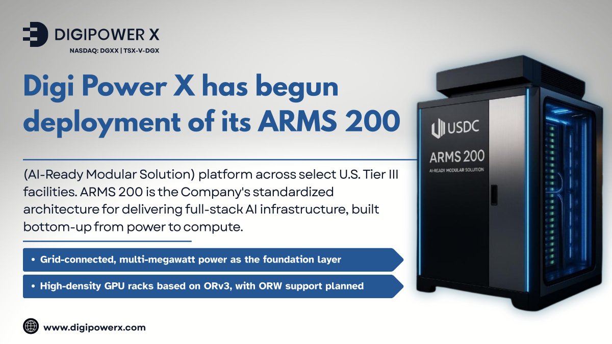 <a href="/DigipowerX/">DigiPower X</a> has begun deployment of its ARMS 200 (AI-Ready Modular Solution) platform across select U.S. Tier III facilities. ARMS 200 is the Company's standardized architecture for delivering full-stack AI infrastructure, built bottom-up from power to compute.

ARMS 200