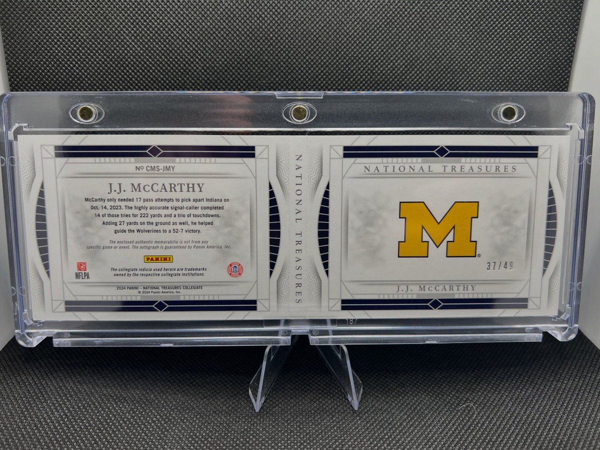 ECCardCo's tweet image. Day 2 of the PC reveal 🔥
NOT FOR SALE.

2024 Panini National Treasures JJ McCarthy Dual Patch Auto /49 booklet. After watching Michigan win the National Championship in Houston with my wife, she got me this for the PC!

What’s the centerpiece of your collection? 👇