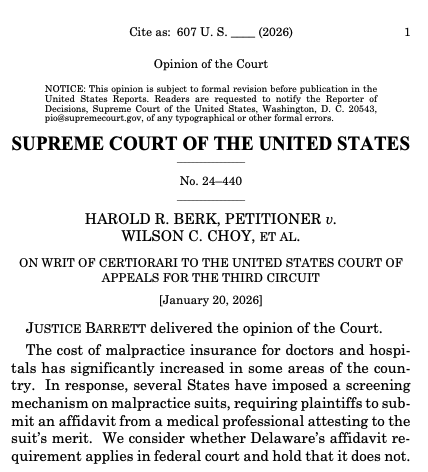 drmtown's tweet image. First big civ pro case of the term is out—Berk v. Choy. What's more fun than the Erie Doctrine?