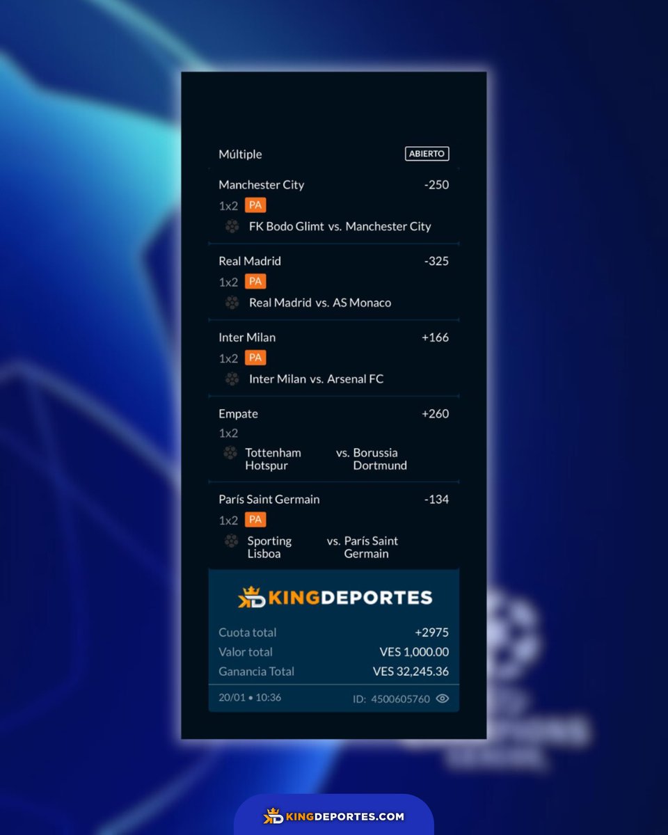 Mi combinada para hoy con la bendita Champions league. 

Rezando por que el Madrid reviva de una vez.🥶

Si gano regalo 1 bs a todo el que de like.😎

Los priemros 20 que se registren desde el enlace de abajo se llevan un BONO DE 10 DOLITAS en KingDeportes👀👑