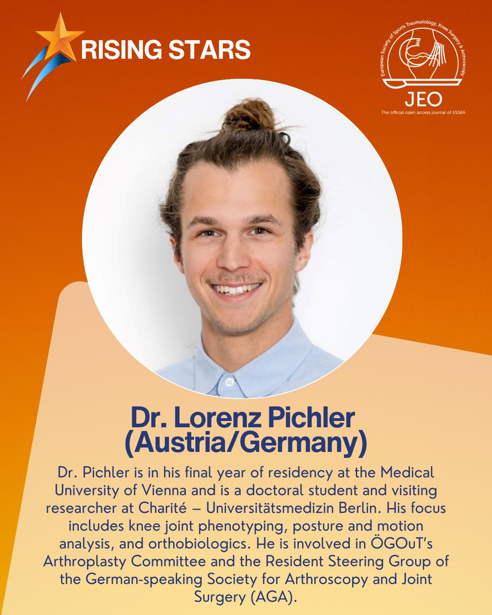 JEO_journal's tweet photo. ESSKA Journals | Rising Stars 2025
Meet Dr. Lorenz Pichler, a Rising Star 2025. Recognised for scientific quality and engagement in peer review, this cohort has supported KSSTA and JEO throughout 2025 and continues to shape the future of our journals #ESSKARisingStars https://t.co/jlB1U96JC6