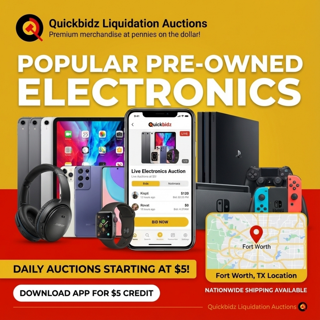 quicklotz's tweet image. Daily Auctions from $5 – get top-value pre-owned electronics with warranty exclusions &amp;amp; nationwide shipping from Fort Worth, TX! Download Quickbidz now &amp;amp; get $5 credit! #QuickLots #DailyAuctions #ElectronicsDeals #NationwideShipping #FortWorthTX #QuickbidzApp