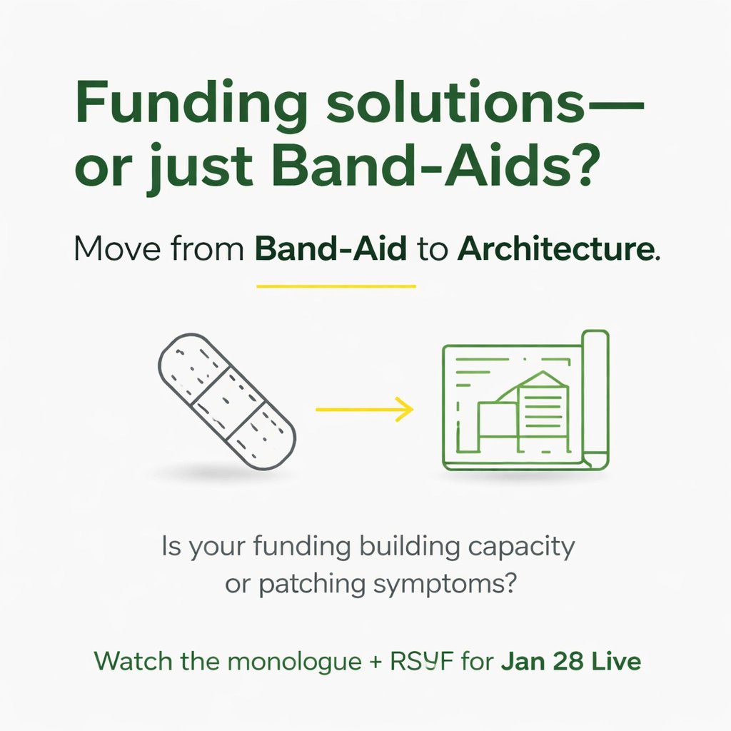 Donors: Are you funding solutions or just Band-Aids? Real change means building circulation: talent, resources, systems: not just patching symptoms. Watch the monologue: youtu.be/TYplTvVp-qE?si… RSVP for Jan 28 Live.