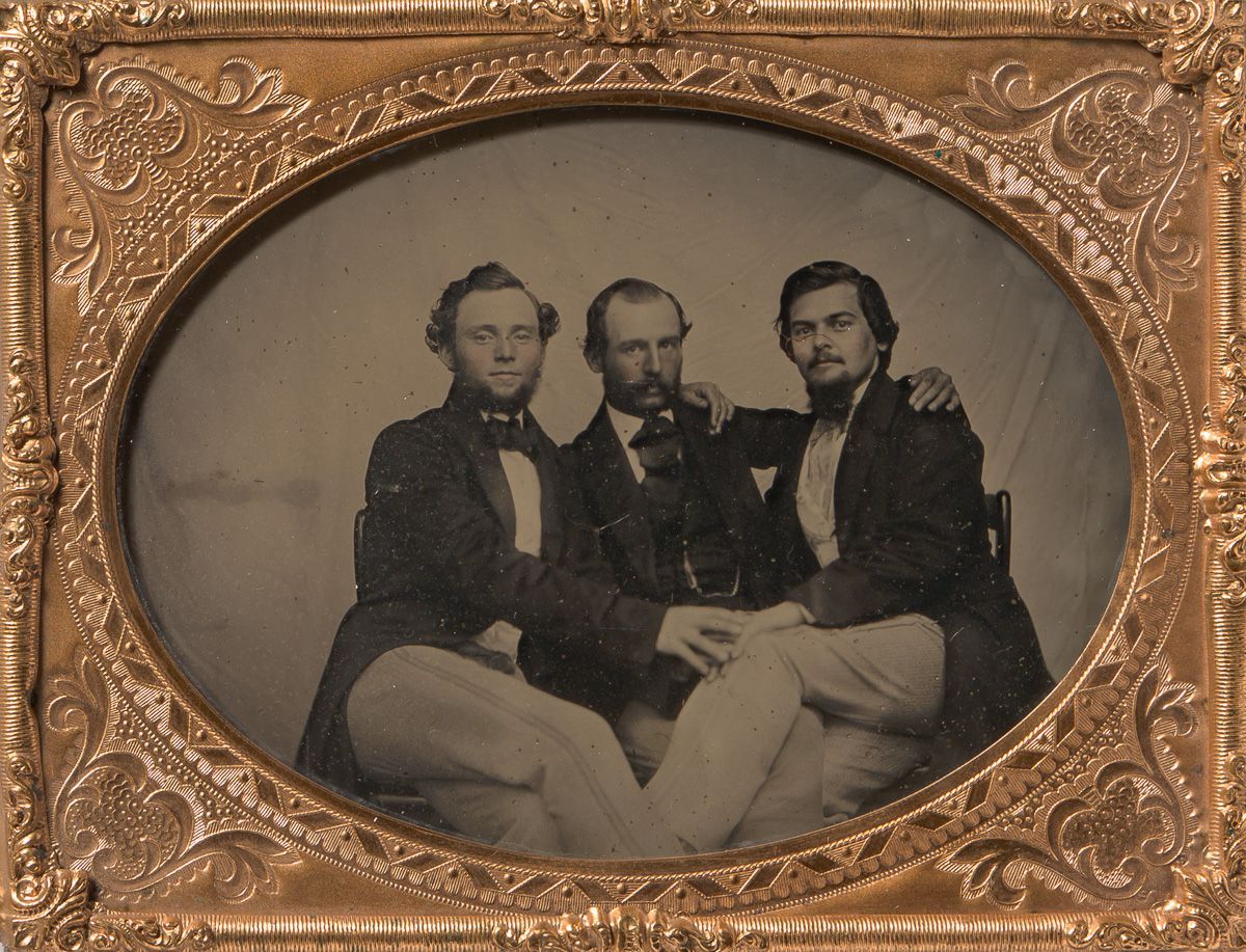 wikivictorian's tweet image. Daguerrotype of three men. Photographed in the 1850s.