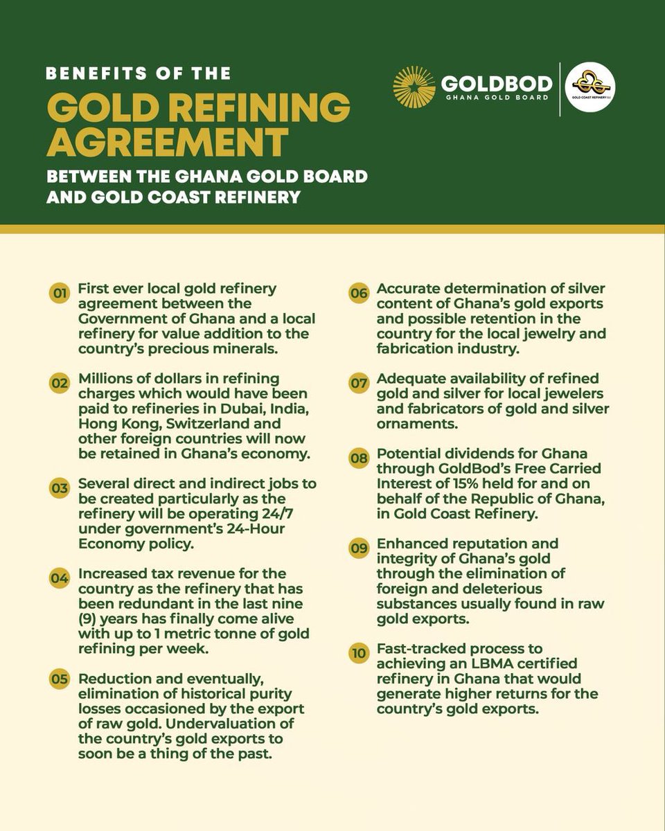 BENEFITS OF THE GOLD REFINING AGREEMENT BETWEEN THE GHANA GOLD BOARD AND GOLD COAST REFINERY.
#AbanPapaAba