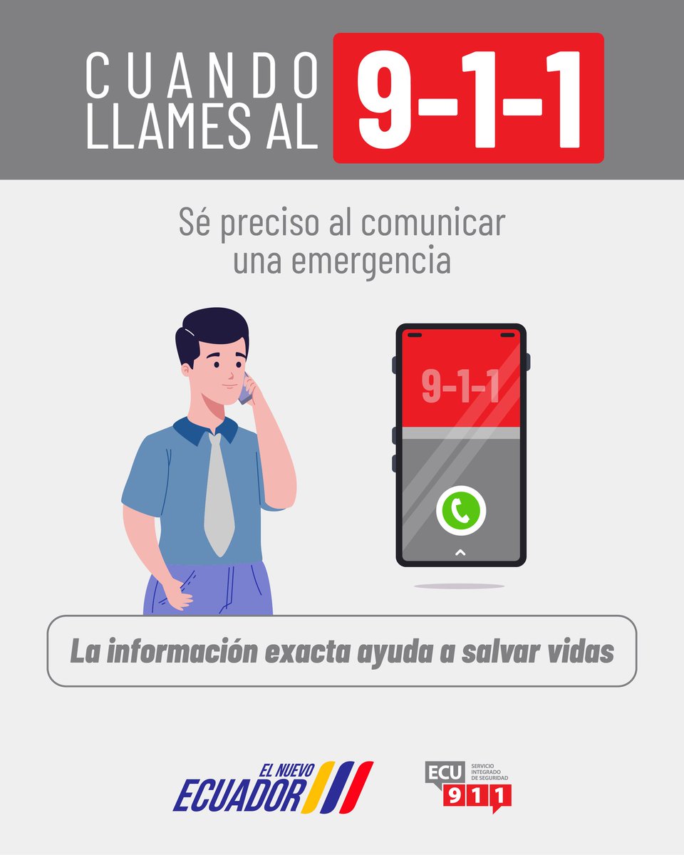 ecu911sambo's tweet photo. Cuando llames al 9-1-1, di claramente qué está pasando.

¿Es un siniestro, una emergencia médica, un incendio o un hecho de seguridad?

Indica también si hay personas heridas o en riesgo,en caso de tener el dato.

Esa información permite enviar el recurso adecuado y ahorrar tiempo vital.

#UsoResponsable911