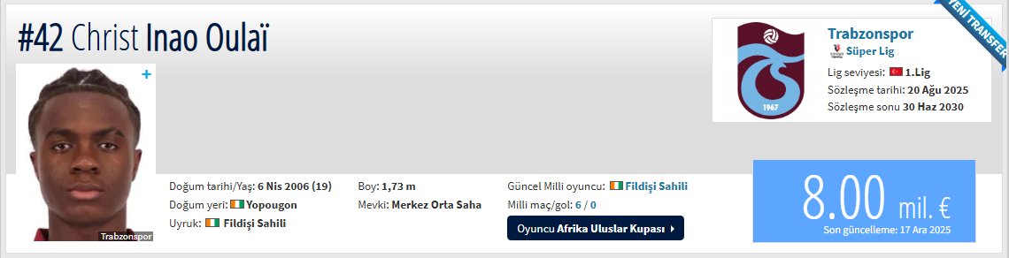 SON DAKİKA : Galatasaray , Trabzonspor ’dan Oulaï için başkanlar düzeyinde ileri düzey bir görüşme gerçekleştirdi. Galatasaray tarafının şu an 30 milyon Euro seviyelerine çıktığı söylenirken, Trabzonspor’un tavrı net: 50 milyon Euro istiyorlar. (Kaynak: <a href="/zforzambrotta/">Gökhan Erdem</a> - Kick)