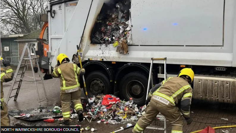 AVDfire's tweet photo. Lithium batteries thrown in general waste are causing fires in bin lorries 🚛🔥

When crushed, they can explode without warning — putting bin men directly in harm’s way.
Dispose responsibly. This is a safety issue, not just recycling.
#LithiumBattery  #WorkerSafety #recycling https://t.co/ZcPrF3WFiM