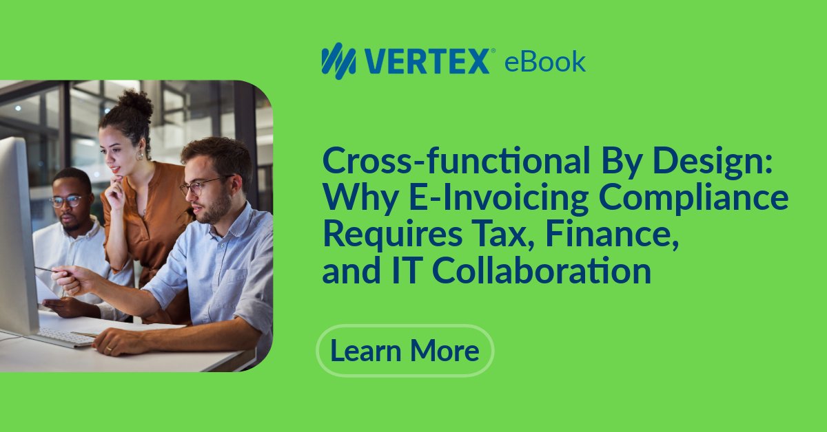 vertexinc's tweet photo. #Einvoicing compliance isn’t just a just a focus for tax, it’s a team effort. 

Discover why collaboration across #tax, #finance &amp; #IT is critical for success in our new eBook: https://t.co/xDrVblg1qi https://t.co/Etx9O6tz4X
