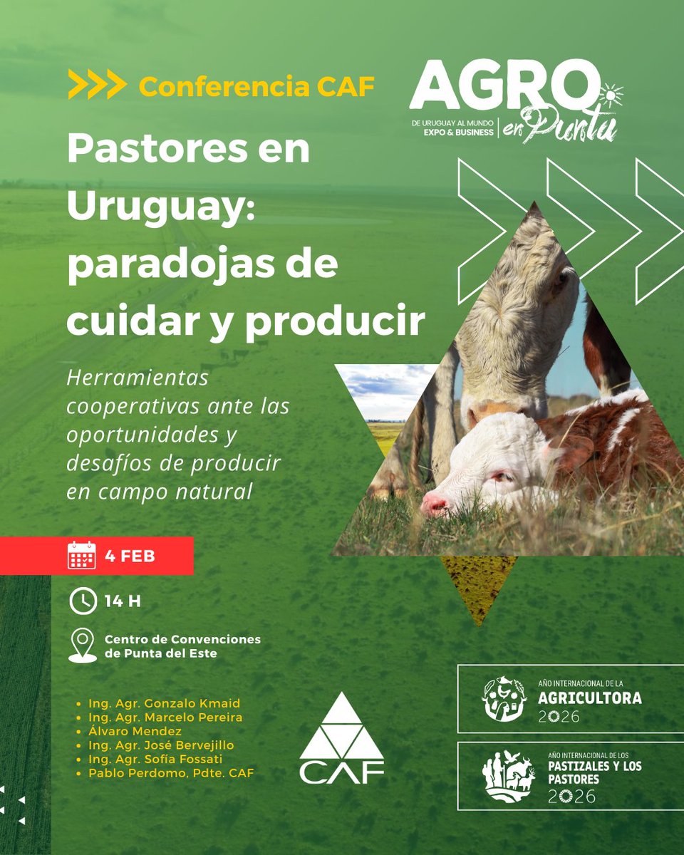 CAF participará en <a href="/agroenpunta/">AgroenPunta</a> 2026 con la #conferencia “#Pastores en Uruguay: paradojas de cuidar y producir”. 

Un enfoque desde la experiencia de productores sobre el valor del #camponatural y los desafíos que conlleva.

📅 4/2 | ⏰ 14 h | 📍<a href="/PuntaDelEsteCEC/">Centro de Convenciones Punta del Este</a>