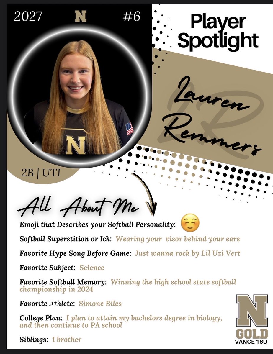 #6 Lauren Remmers out of Beatrice High School. Another new athlete to our team this year that we are extremely excited to watch on the dirt this year!  #GoldDNA