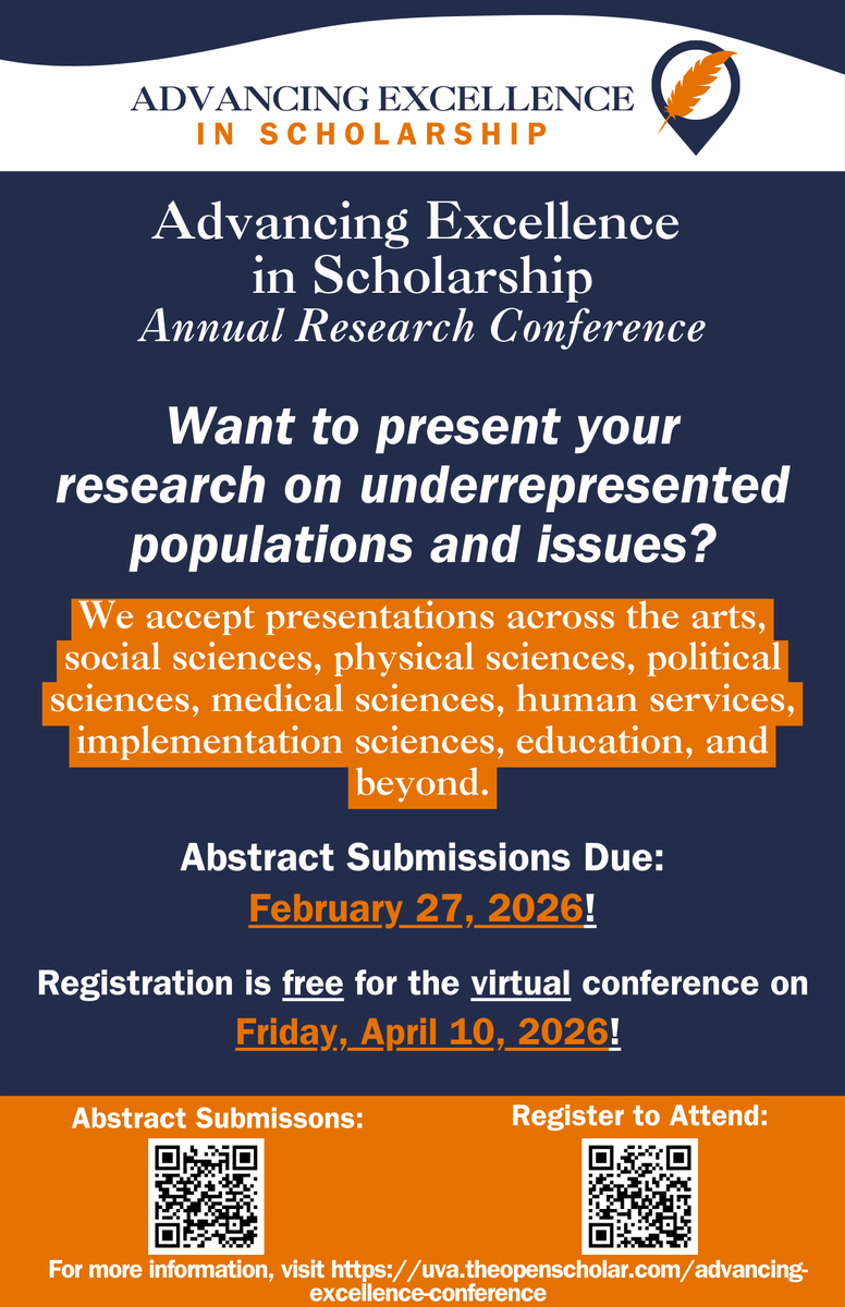 aesconfuva's tweet photo. We invite you to register and/or submit an abstract to present at UVA's virtual Advancing Excellence in Research Scholarship Research Conference, on April 10th, 2026! The abstract submission deadline is February 27, 2026! Registration is free. Submit: https://t.co/Sbfe7Us8Fx https://t.co/9gvsFUczVz