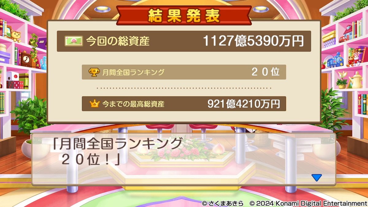 桃鉄10年トライアル、総資産1127億円突破で月間全国ランキング20位にランクインしたぞーぅ！！  称号は1個ずつしか貰えないので最高ランクの称号まであとこれを2回🍑 地獄すぎワロタ…ワロタ…(:3_ヽ)_
