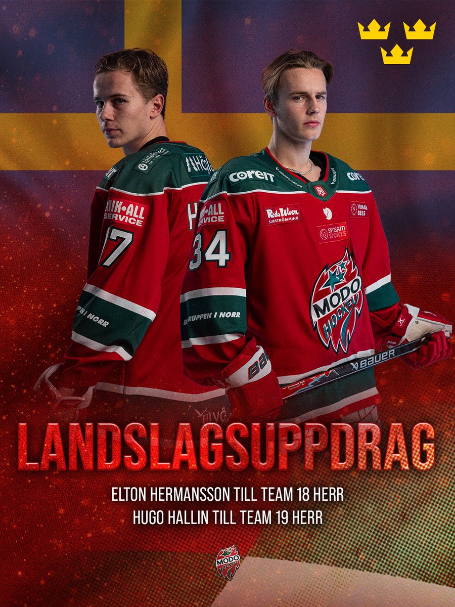 MoDo_Hockey's tweet image. Grattis säger vi till Elton Hermansson och Hugo Hallin som har blivit uttagen till Team 18 Herr respektive Team 19 Herr. 🇸🇪

Elton &amp;amp; Hugo kommer i början av februari åka till Schweiz respektive Finland, för en 5-nationsturnering. 

Stort grattis!

#modose