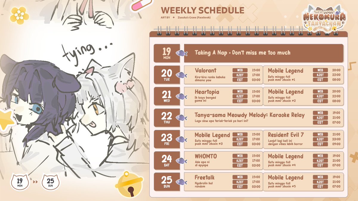 NekomuraTanya's tweet photo. 🪐 SCHEDULE 19 - 25 JAN! 🪐

This week, Tanya wants to play Heartopia because it looks really cute! There are other fun streams too, so don’t miss it 💕

🪐General: #NekomuraTanyachan
🪐Streams: #TanyaOnAir
🪐Meme: #TanyaLMAO
🪐Fanart: #TanyaCreativity
🪐Fanname: #WargaNekonation https://t.co/4Sq5nHqUMZ