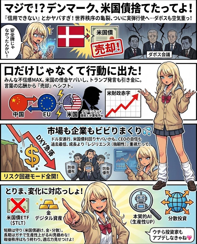 🚨デンマークの年金基金が米国債を「信用できない」として全額売却を決定した。この動きは、ダボス会議で表面化した世界秩序の亀裂が、ついに金融市場での実弾行使に移行したことを意味する。