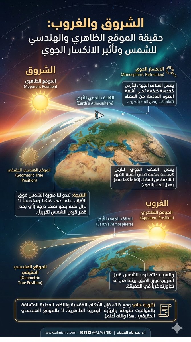 عندما ترصد #الشمس لحظة الشروق، فإن ما تراه عيناك في الحقيقة هو (الموقع الظاهري) لقرص الشمس، وليس (موقعها الهندسي الحقيقي)‼️

ويعود ذلك إلى ظاهرة فيزيائية تُعرف بـالانكسار الجوي؛ حيث يعمل الغلاف الجوي للأرض كعدسة ضخمة تحني أشعة الضوء القادمة من الفضاء (تماماً كما يفعل #الماء