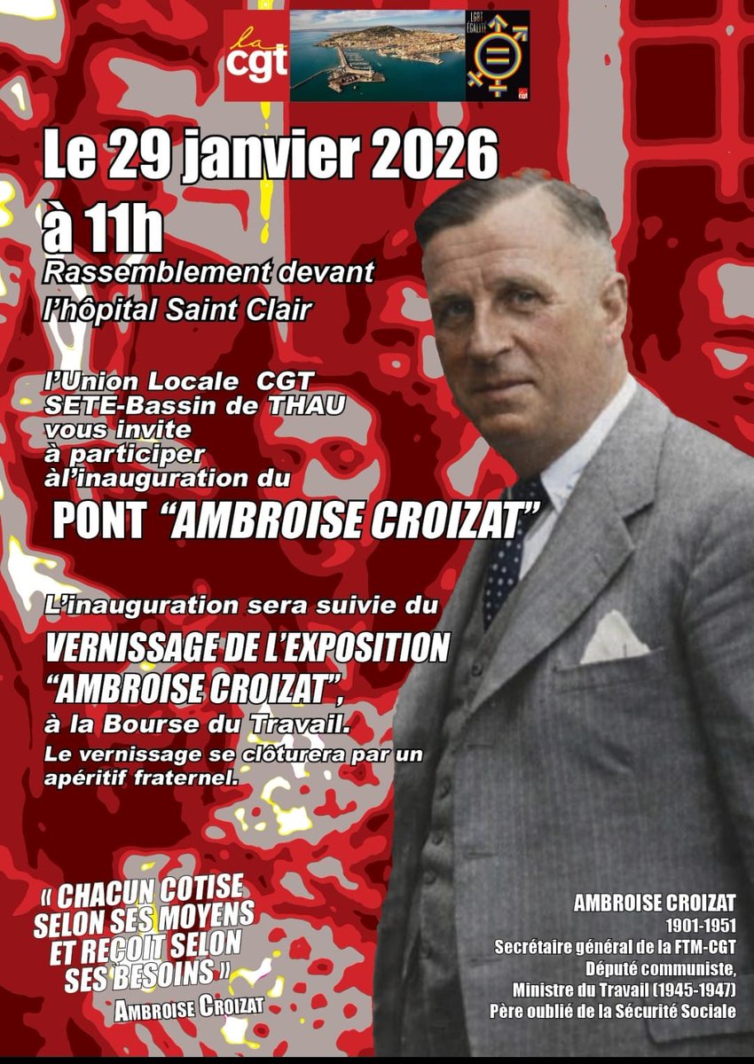 📢 Venez nombreuses et nombreux honorer le père de la sécurité sociale Ambroise Croizat!!!

#pontambroisecroizat
#ulcgt 
#villedesete
#CGT