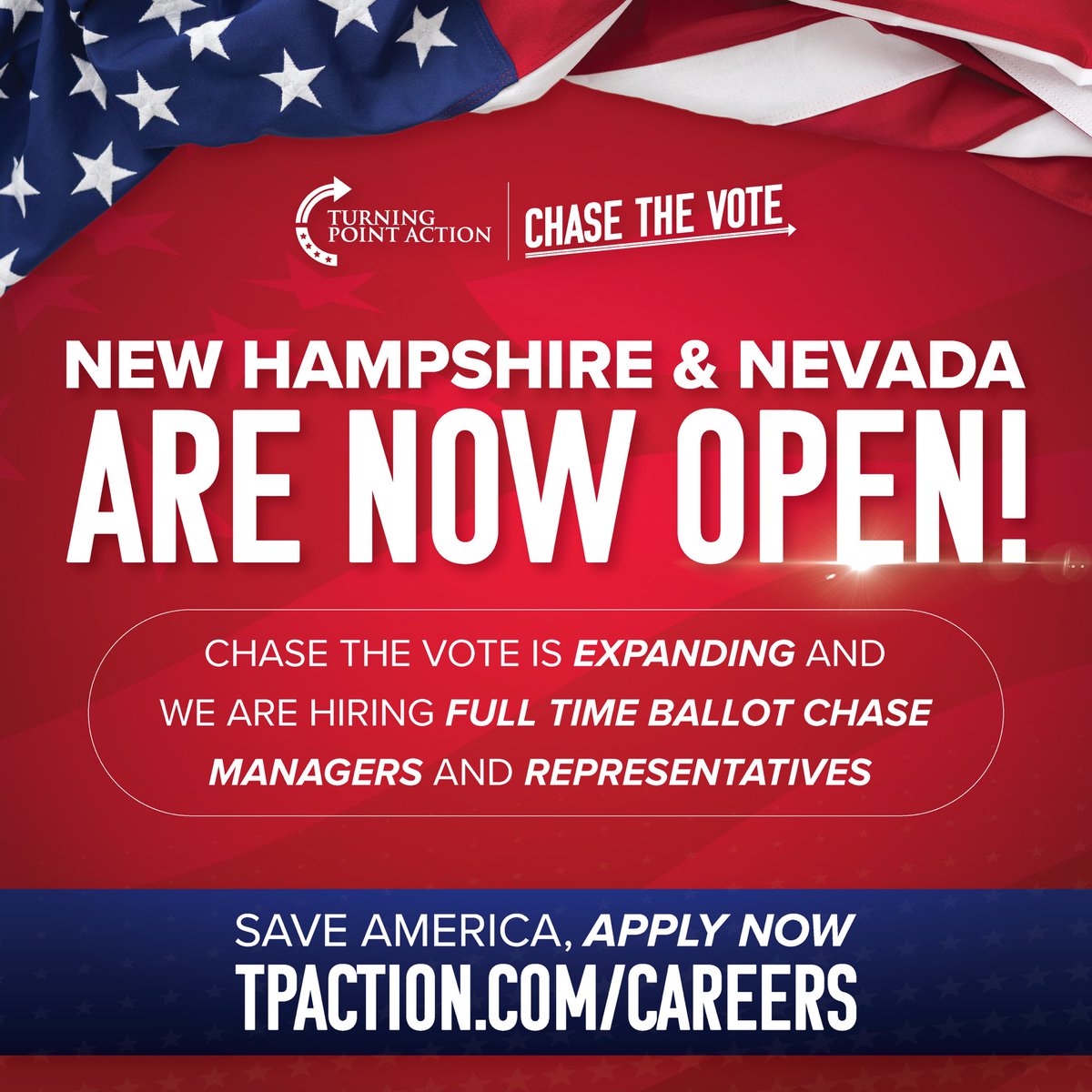 TPAction's tweet image. HUGE ANNOUNCEMENT

Turning Point Action's Chase The Vote initiative is expanding rapidly ahead of the 2026 midterm election!

We are now hiring in Nevada and New Hampshire, alongside of our continued expansion of our Arizona operation! 

Join TPAction's growing team to build a…