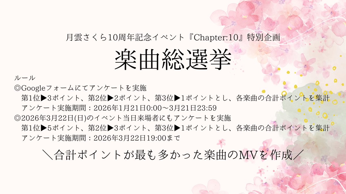 🌸月雲さくら10周年記念イベント『Chapter:10』特別企画🌸
2026年3月22(日)に開催のイベントにて、楽曲総選挙を行います📣
docs.google.com/forms/d/e/1FAI…
月雲さくらソロオリジナル楽曲全18曲のうち、特にお気に入りの3曲をランキング形式で教えてください🫶🏻
