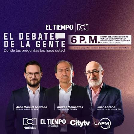 Nuevamente regresa esta gran alianza de medios entre El Tiempo y RCN esta para el primer debate presidencial 2026, alianza famosa desde los años 80 junto con TV Hoy (Datos y Mensajes) <a href="/rocamanX/">ᗰᗩ᙭-ᖇ²⁶</a> <a href="/AugustoGc15/">ÄUGUSTO TUTÔ GRÂNADOS</a> <a href="/CalaveritaCol/">Calaverita Colocho</a> <a href="/AugustoGraCar/">Åugusto Tûto</a> <a href="/opniarchivos/">Archivos Opni</a>