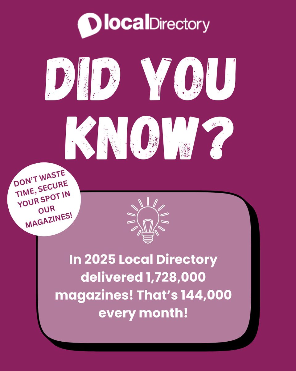 Did you know? 🤔 In 2025, Local Directory delivered 1,728,000 magazines – that’s 144,000 every month!  Your business could be landing directly in the hands of local customers 🏡 Don’t miss your chance to be seen where it matters most.  📩 Secure your spot in our magazines today