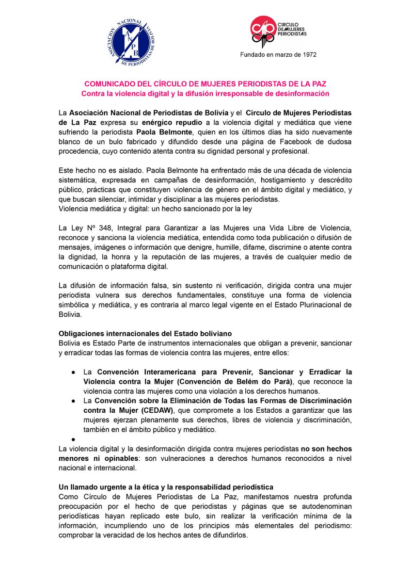 CIrculoMP's tweet photo. El CMPLP y la ANPB repudiamos la violencia digital y mediática contra la periodista Paola Belmonte, víctima de hostigamiento y desinformación.
Difundir bulos es violencia de género y está sancionado por la Ley 348.
Exigimos cese, rectificación e investigación. #PeriodismoConÉtica https://t.co/gIbcj9dcxU